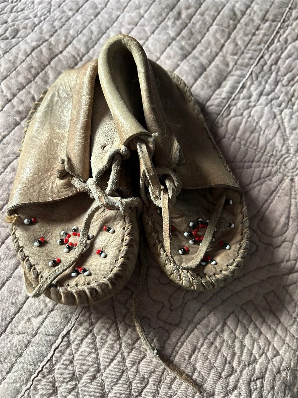 Vintage Handmade Tan Leather Beaded Children's Moccasins